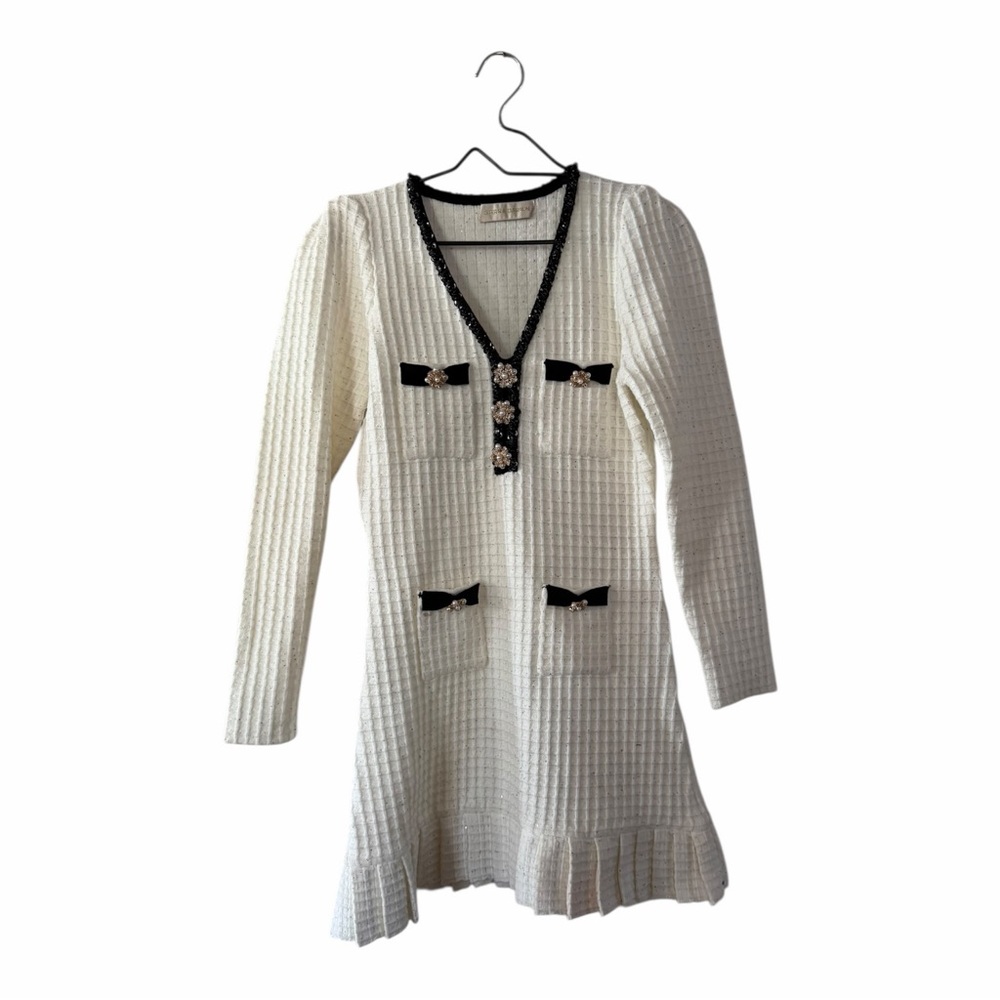 Sierra Darien Ivory Knit Dress Textured Mini Sweater Dress Women’s Size Medium - Picture 2 of 11